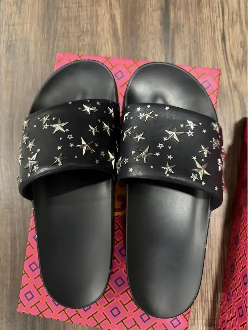 New In Box Tory Burch Navy Embellished Slides size 9